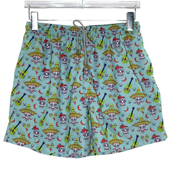 Amiani L Blue Colorful Sugar Skull Pepper Sombrero Guitar Swim Trunk Shorts - Picture 1 of 9